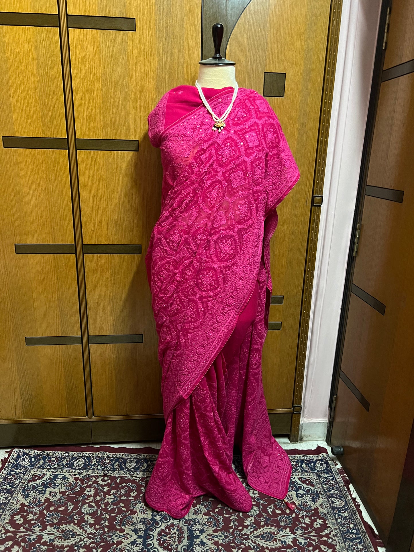 Hot Pink Chikankari Saree Eomen Gorgette Sarees - Saffronfashionindia