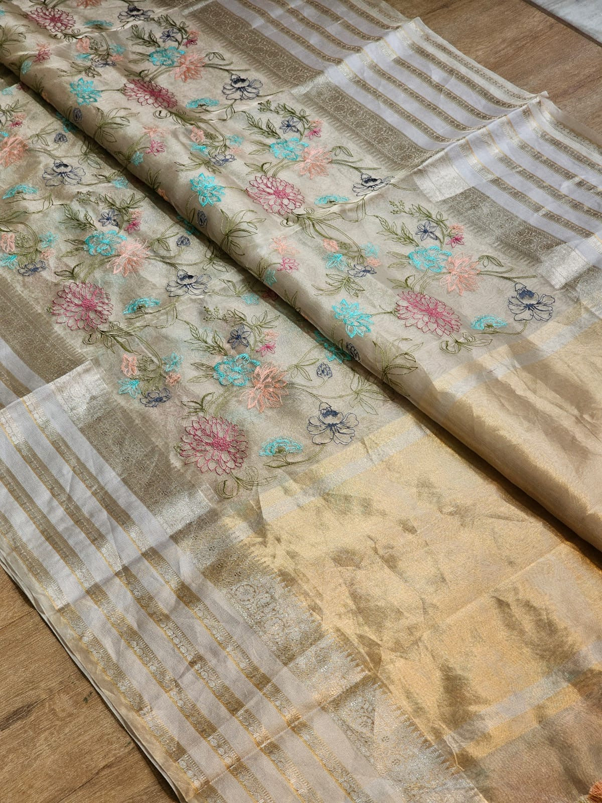 Embroidery Tissue Katan Silk Organza Saree - Saffronfashionindia