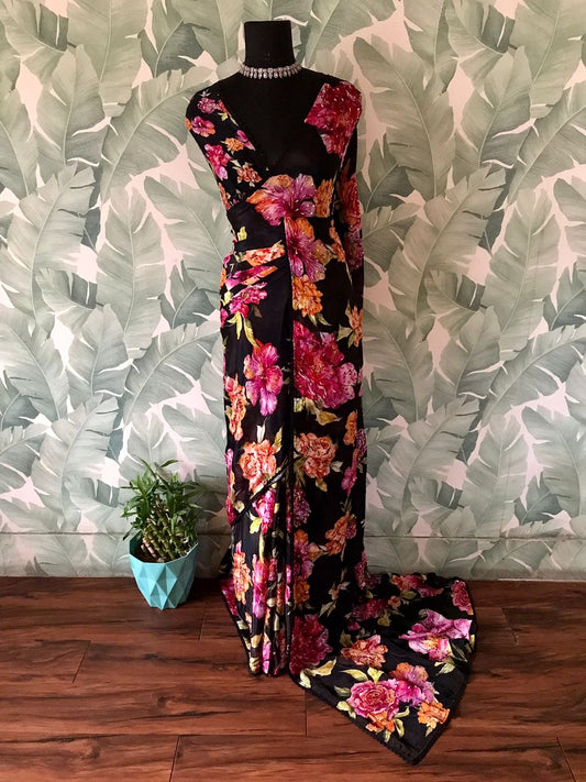 Floral saree black saree Partywear sari blouse women clothing Saffronfashionindia