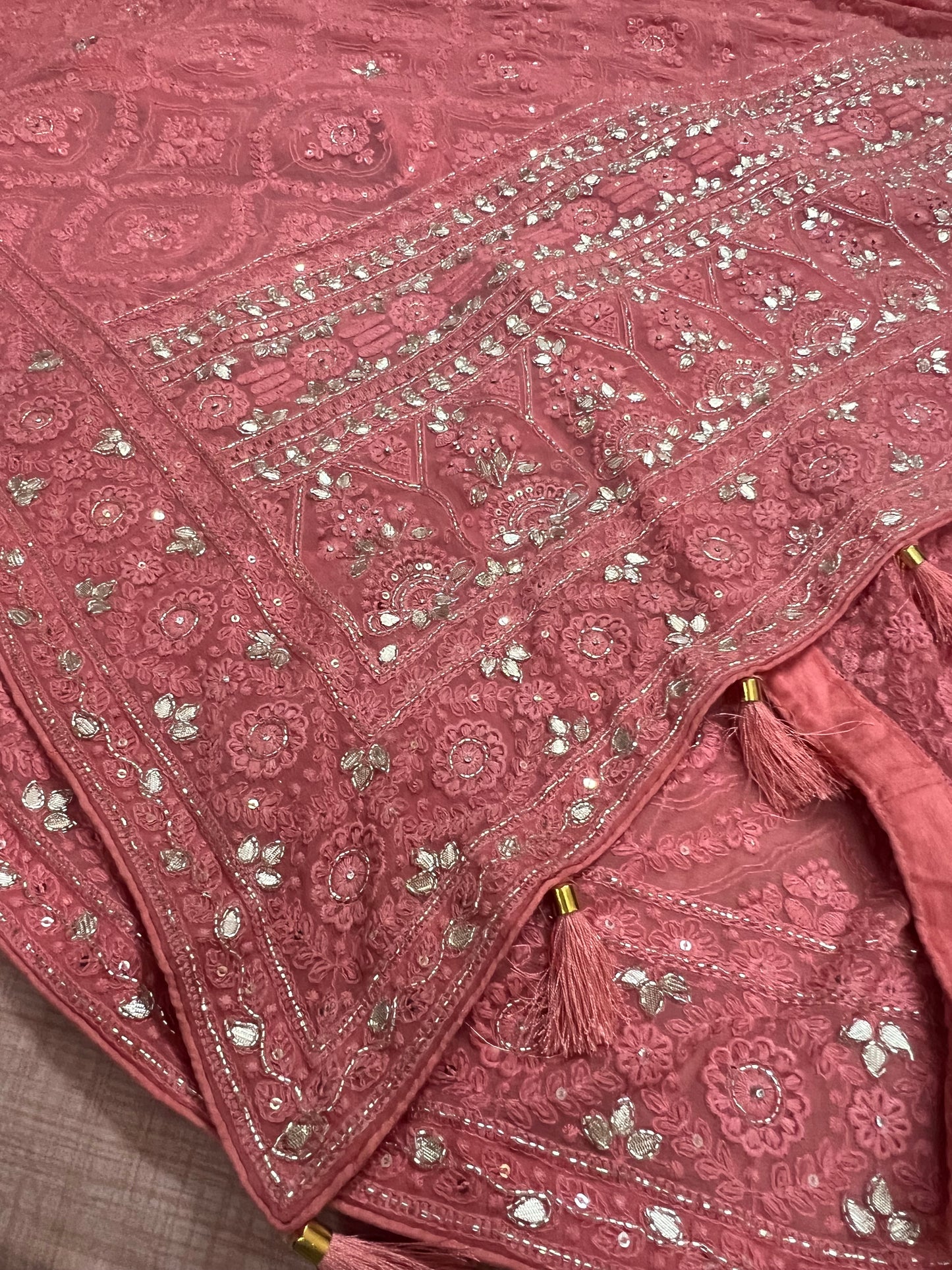 Peach Chikankari saree gorgette saree Indian saree women sari blouse - Saffronfashionindia