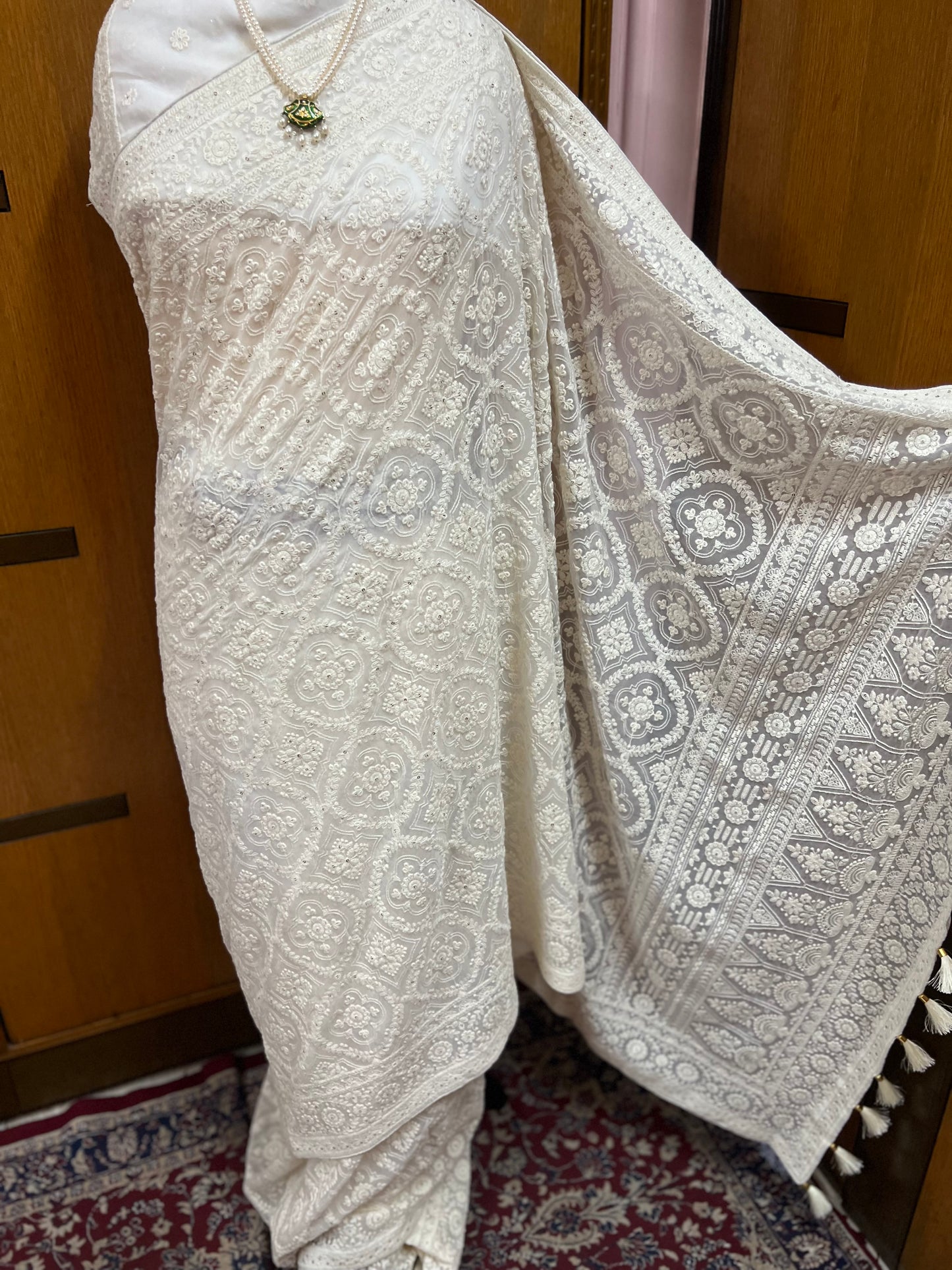 White Chikankari Saree Gorgette Sarees - Saffronfashionindia