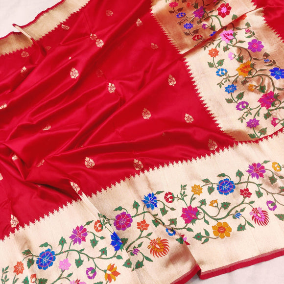 Red Katan handwoven silk saree