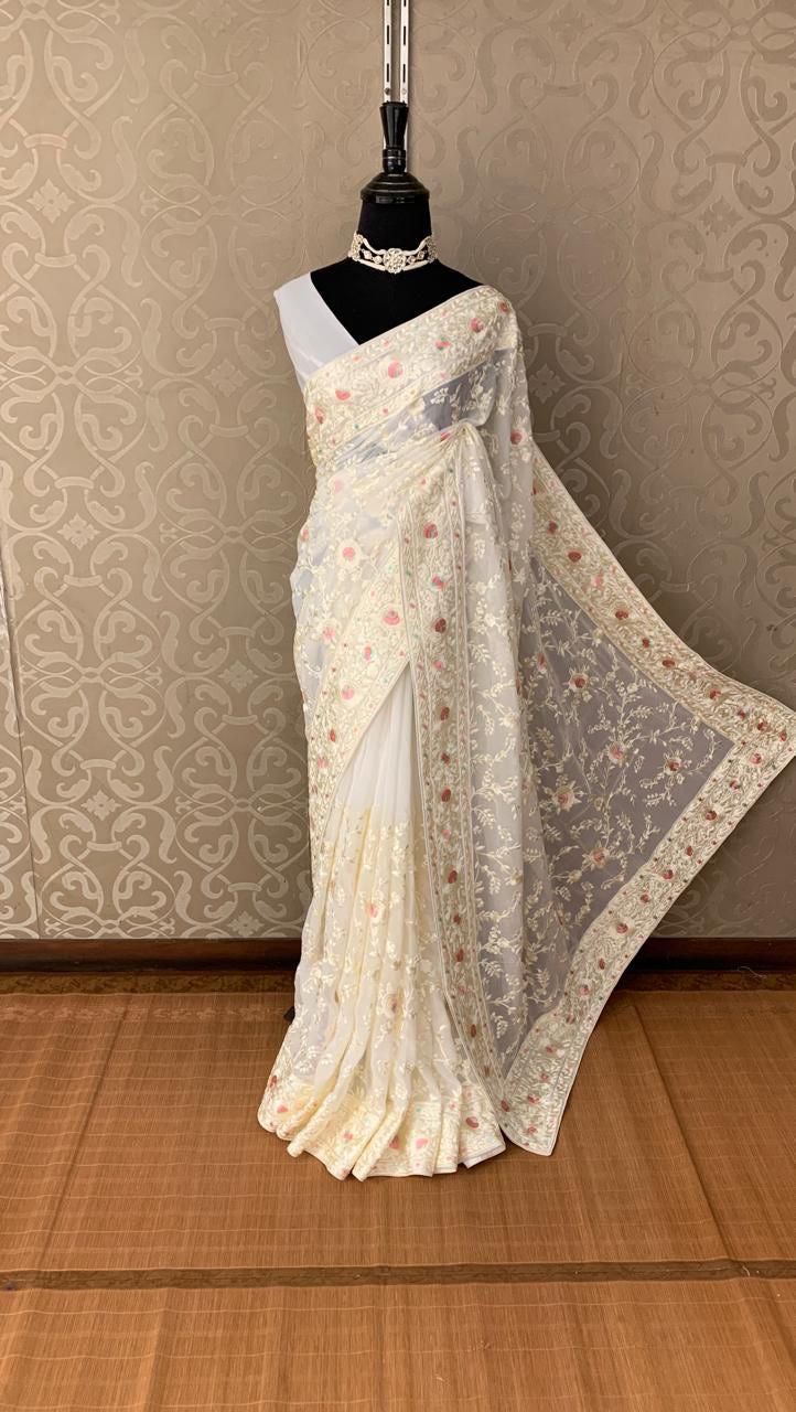 Vermilo Chikankari saree Gorgette saree traditional sari blouse SaffronFashion