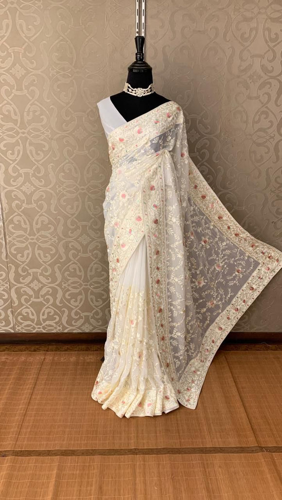 Vermilo Chikankari saree Gorgette saree traditional sari blouse