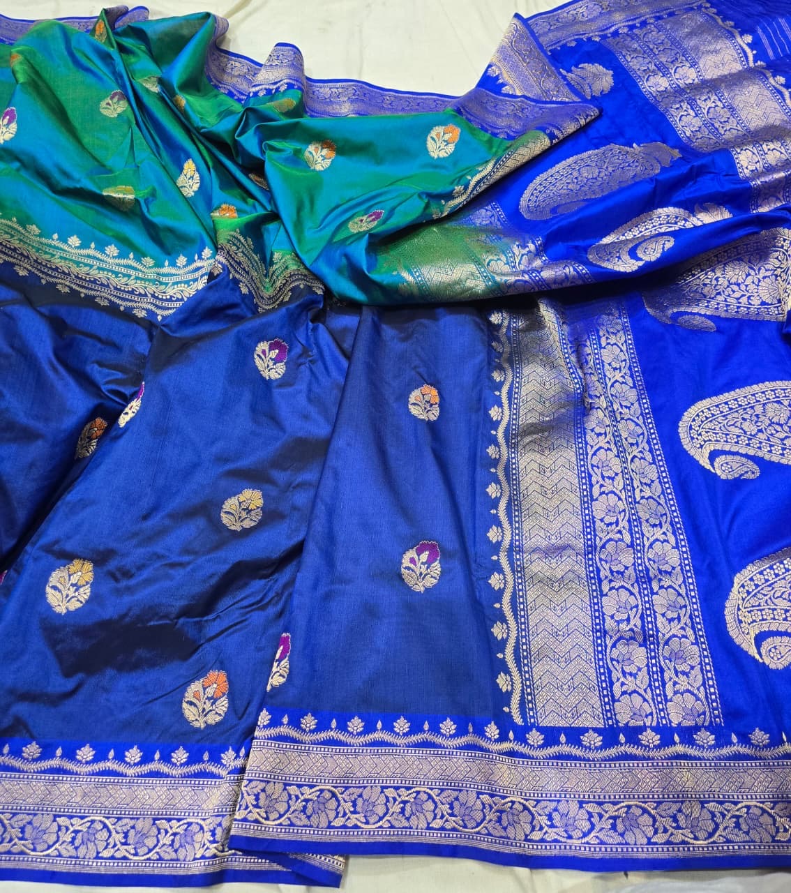 Blue katan silk saree Banarsi saree handwoven sari blouse Saffronfashionindia