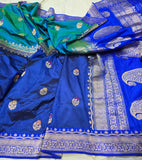Blue katan silk saree Banarsi saree handwoven sari blouse Saffronfashionindia