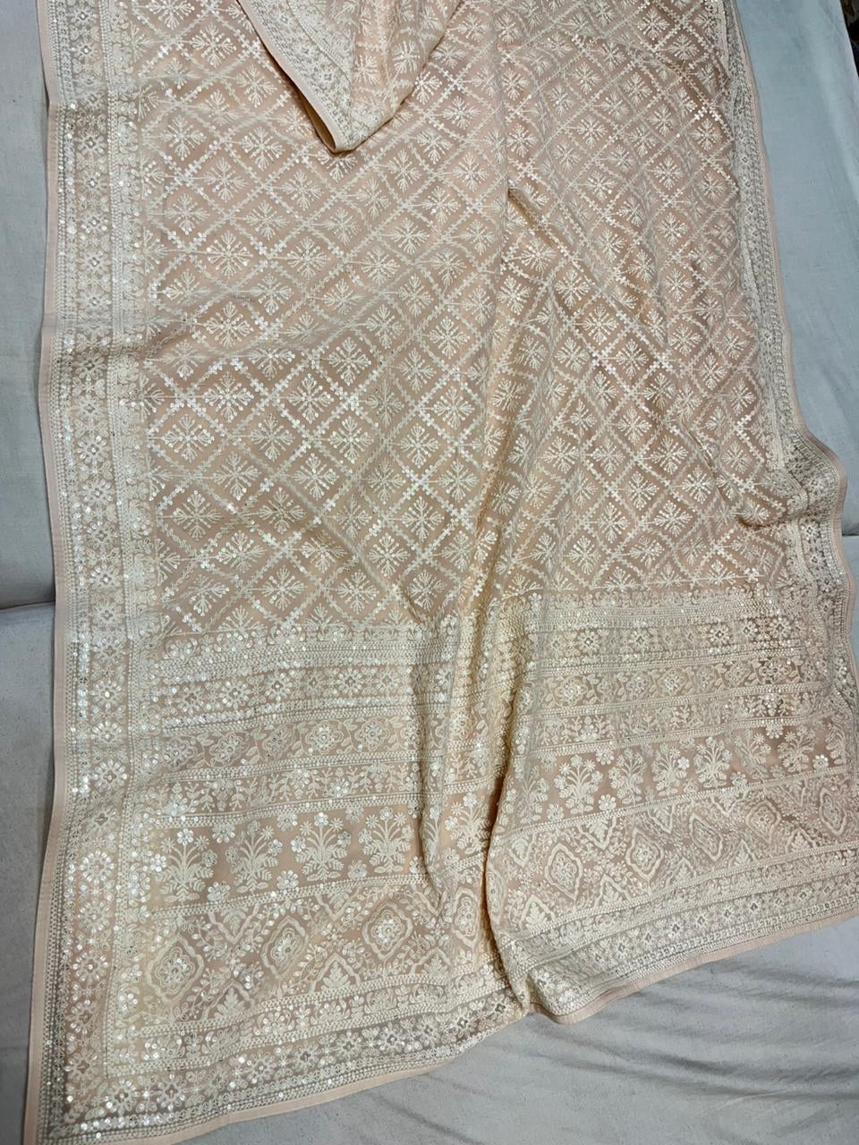 Sequins chikankari saree Indian Gorgette saree - Saffronfashionindia
