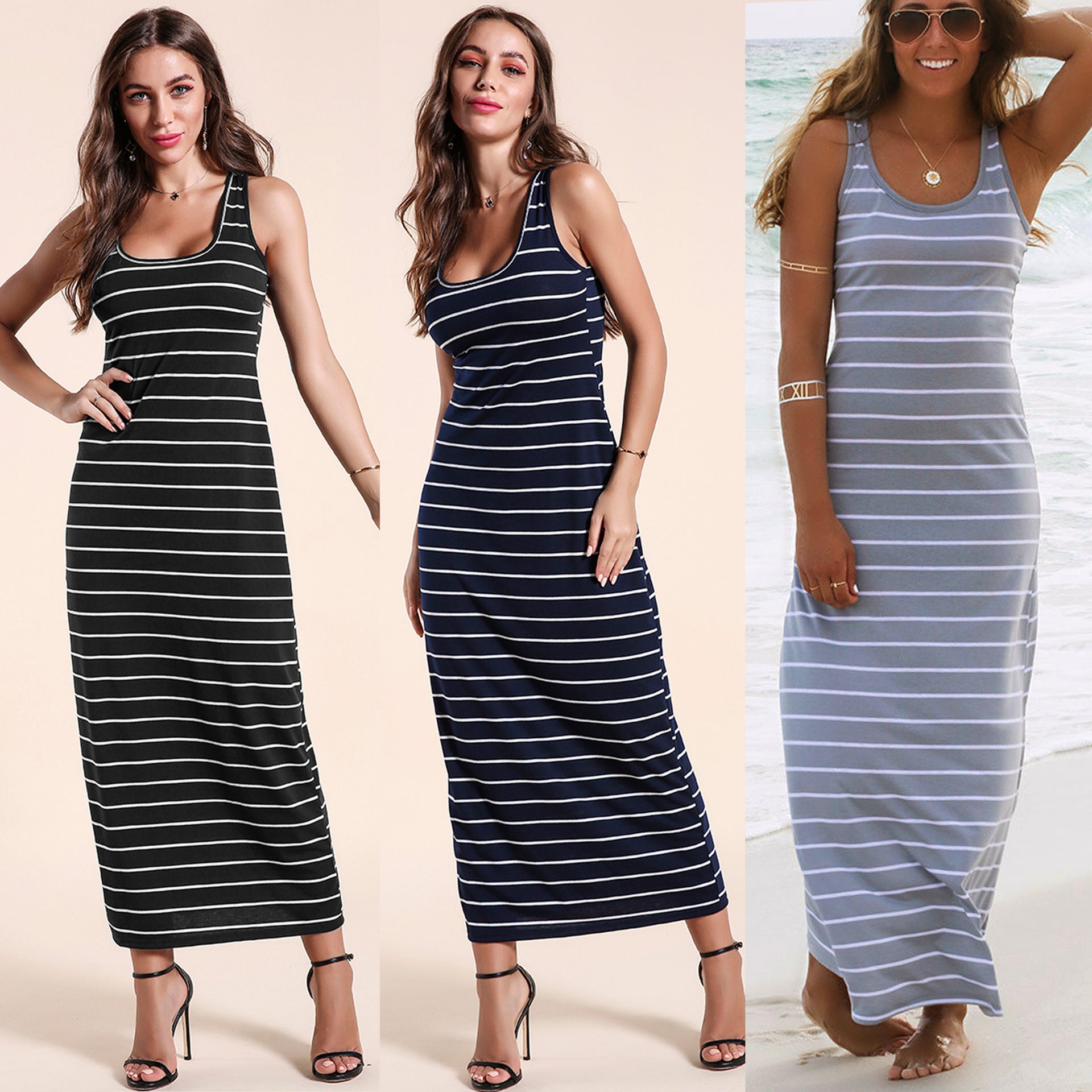 Striped Sleeveless Fashion Sexy Beach Dress - Saffronfashionindia