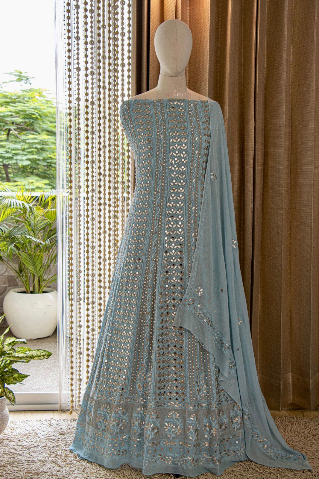 White color chikankari dress with blue color chikankari embroidery thread