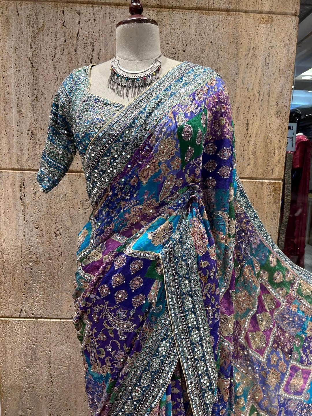 Blue wedding saree handmade sarees women sari blouse SaffronFashion