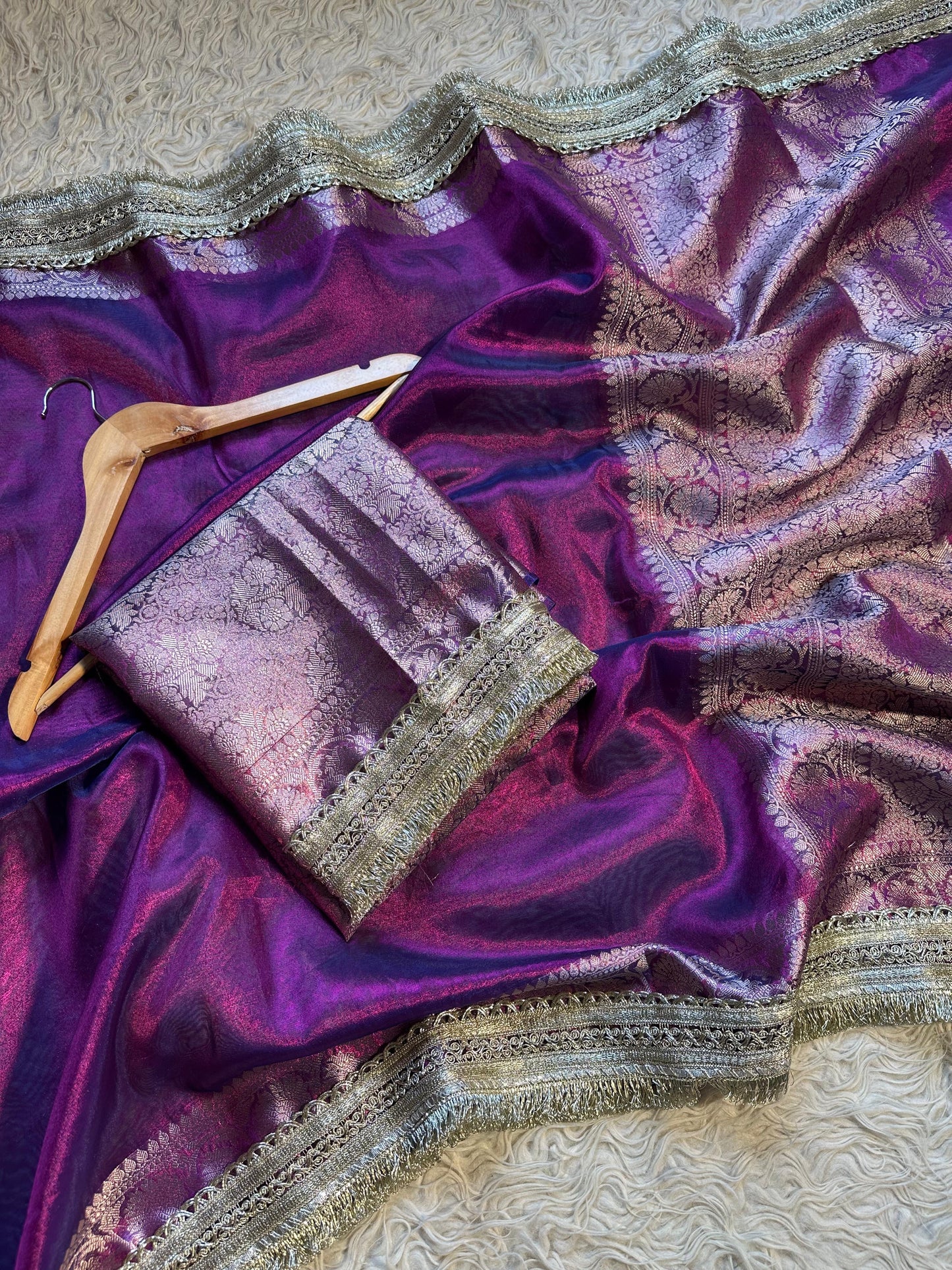 Vahiba Banarsi tissue silk saree lace sari blouse SaffronFashion