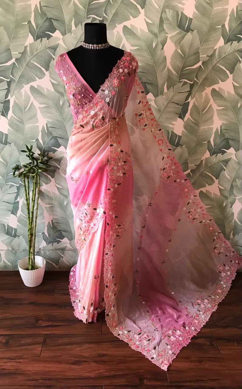 Ombre shaded saree premium satin luxury silk sarees women sari blouse - Saffronfashionindia