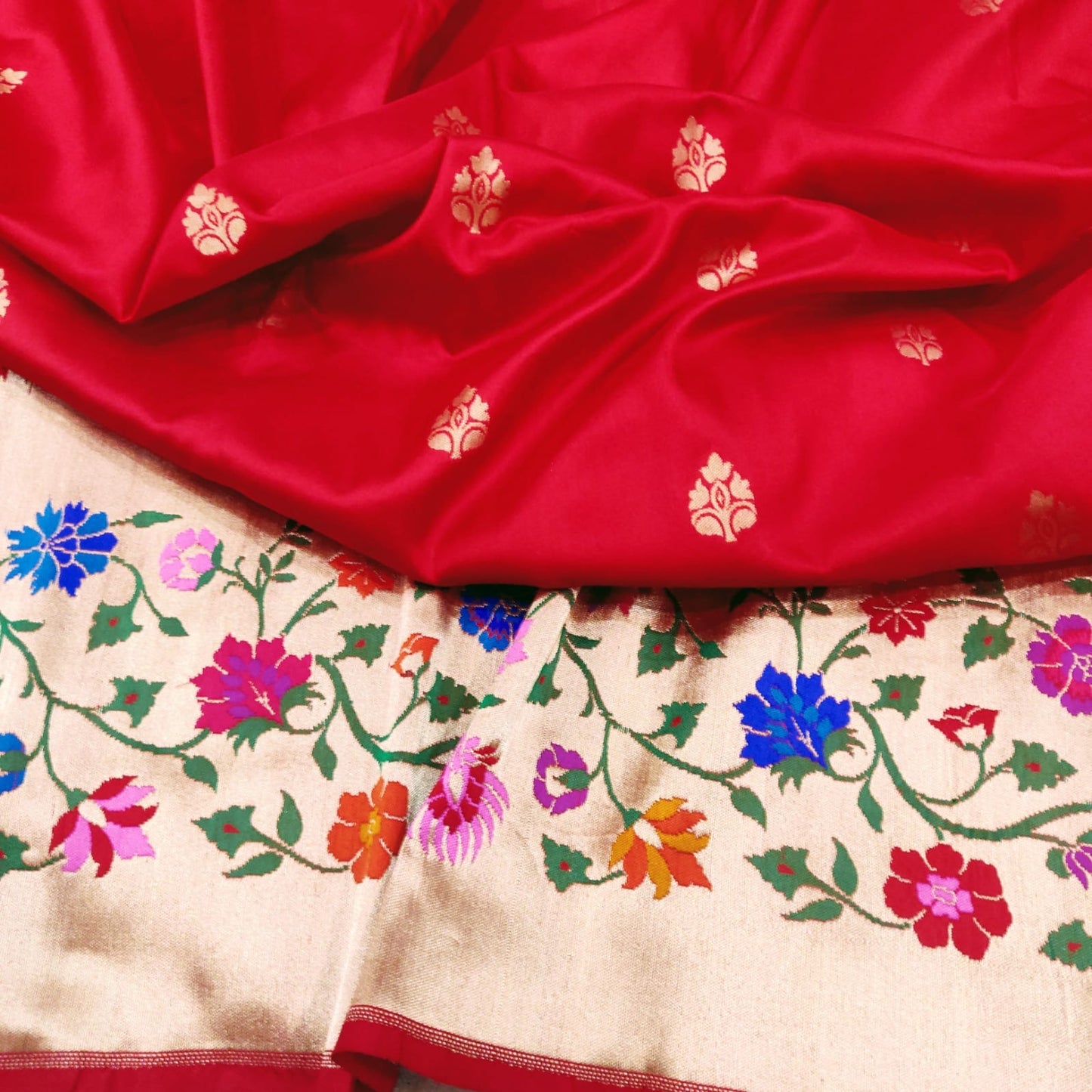 Red Katan handwoven silk saree - Saffronfashionindia