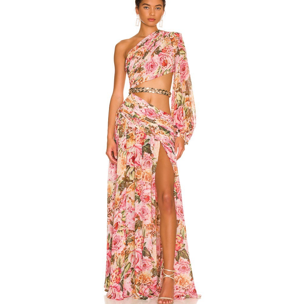 Fashion One-shoulder Bubble Long Sleeve Slim-fit Floral Hollow Split Dress - Saffronfashionindia