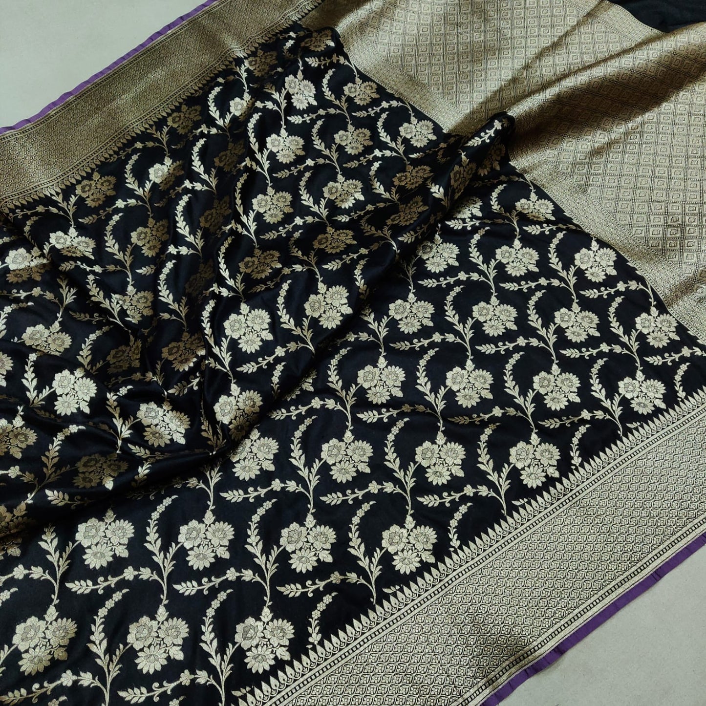 Black Katan silk handwoven saree - Saffronfashionindia