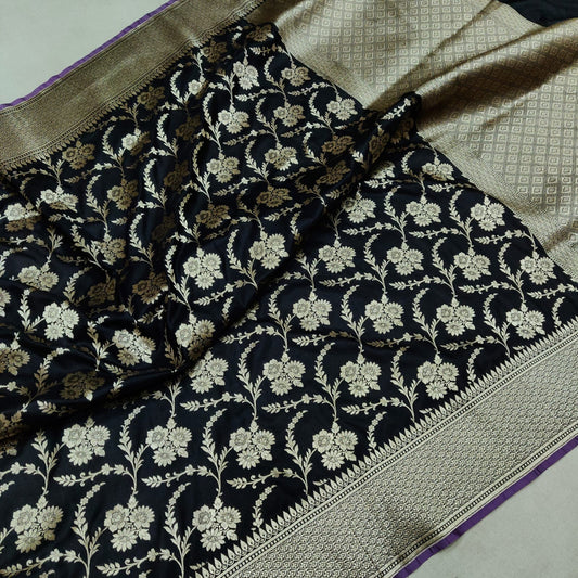 Black Katan silk handwoven saree - Saffronfashionindia