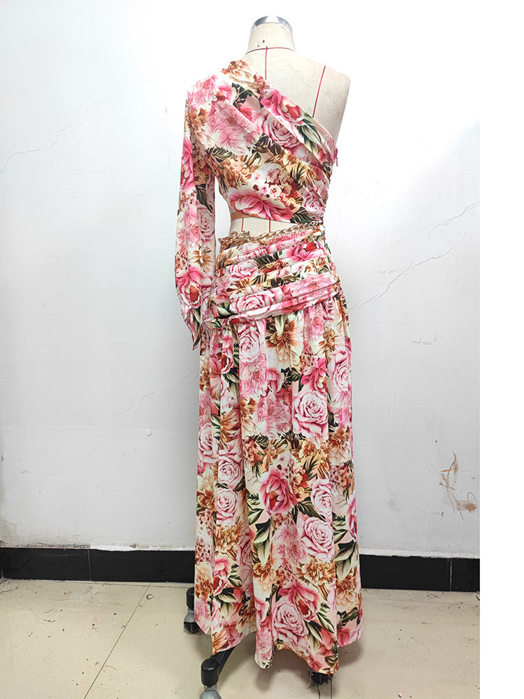 Fashion One-shoulder Bubble Long Sleeve Slim-fit Floral Hollow Split Dress - Saffronfashionindia