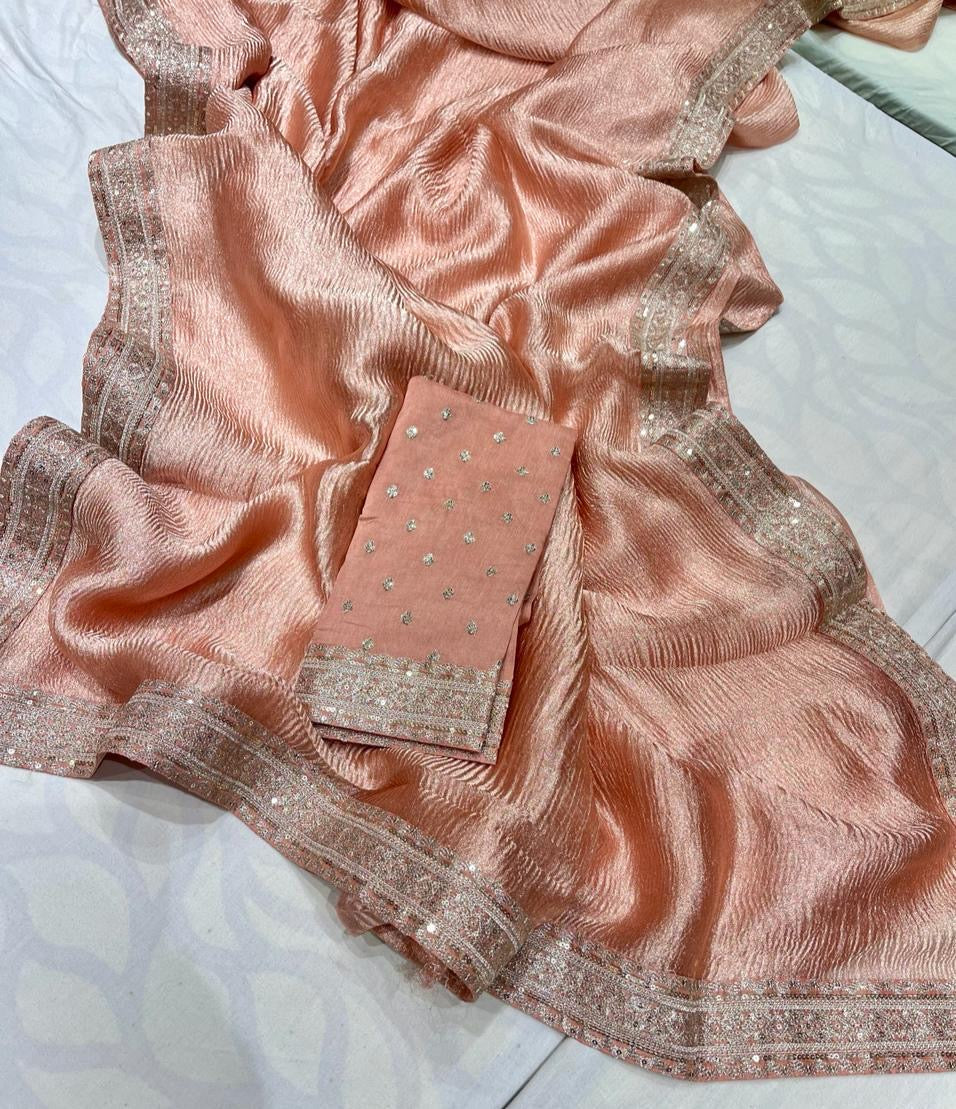 Kinzal Tissue Saree Crushed saree Partywear sari - Saffronfashionindia