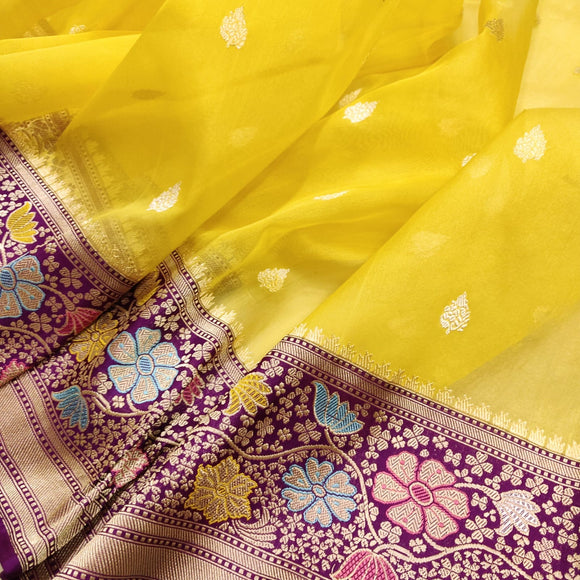 Kivara yellow Meenakari handwoven kora sarees
