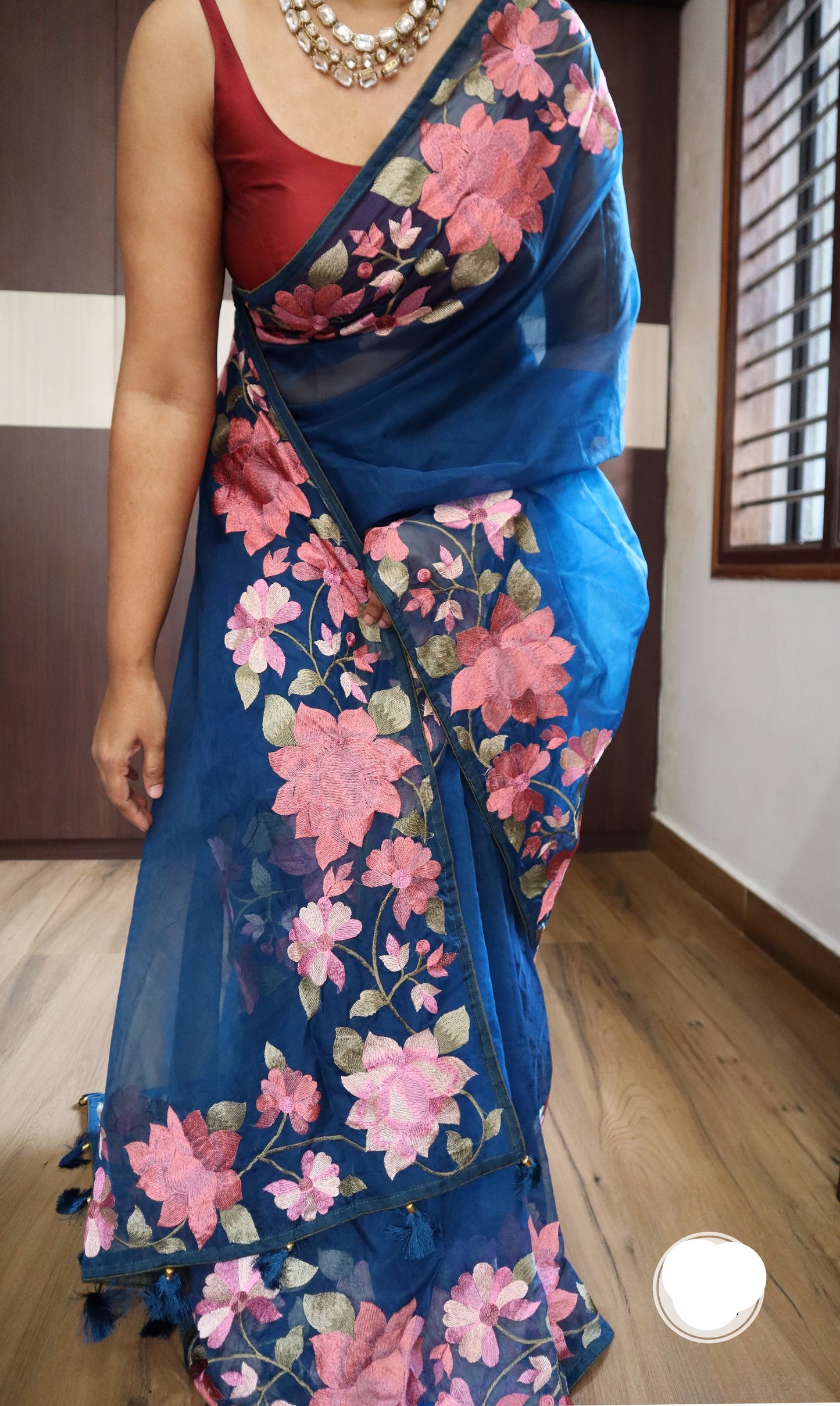 Parsi inspired floral bordered organza saree Indian Partywear sarees - Saffronfashionindia