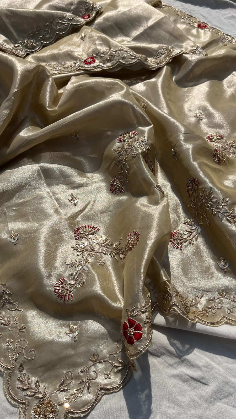 Wedding celebrity inspired tissue zari embroidered Sarees - Saffronfashionindia