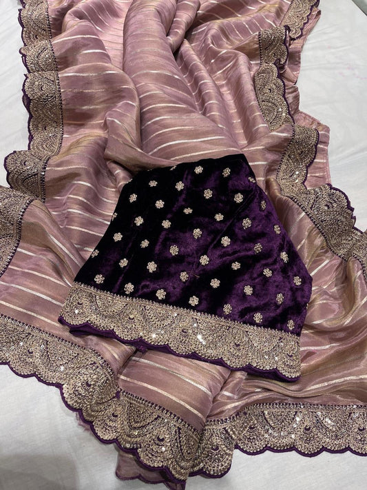 Ivishik tissue saree striped saree velvet blouse sarees SaffronFashion