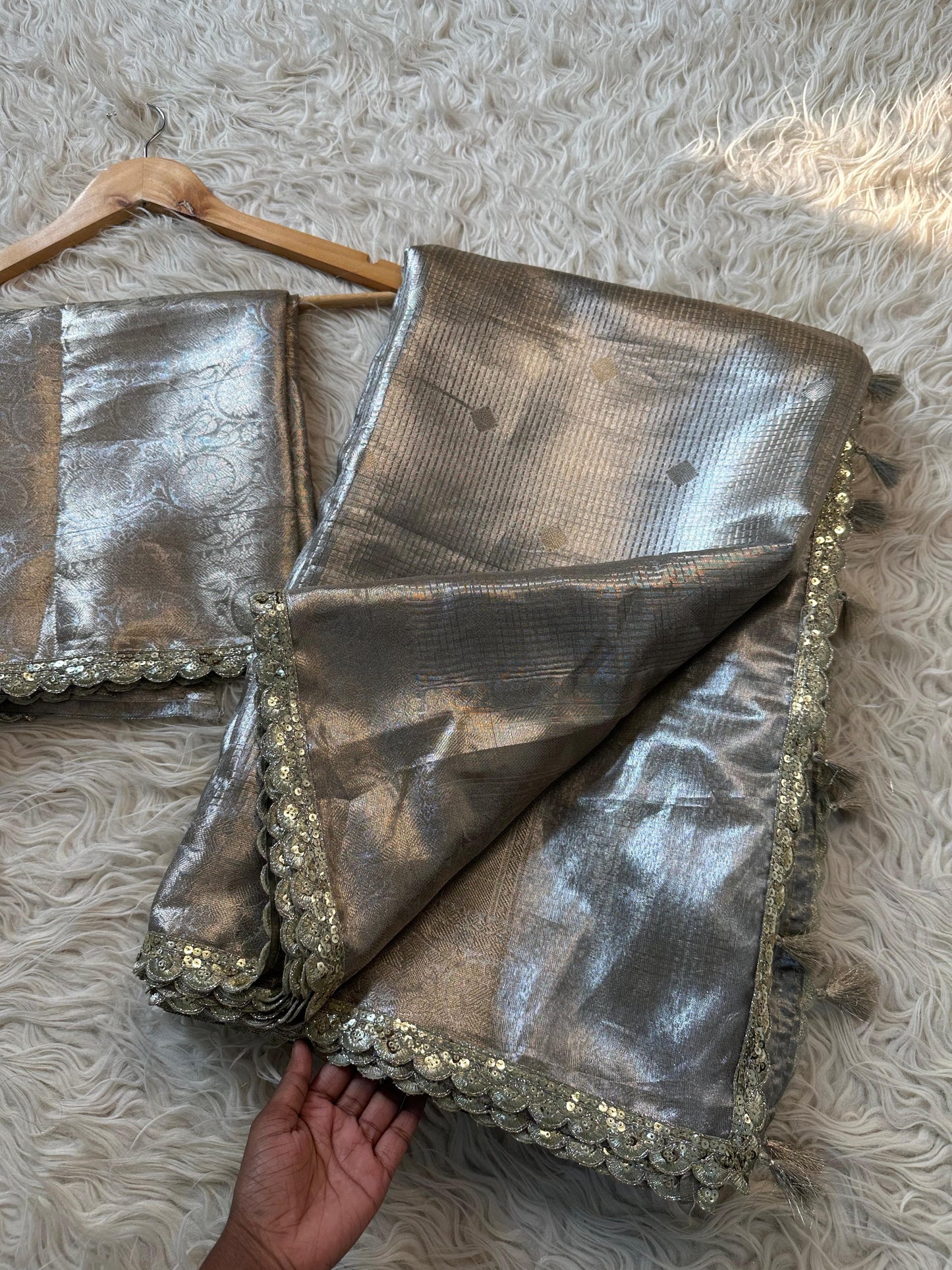 Almond Banarsi tissue silk saree Sexy sari - Saffronfashionindia