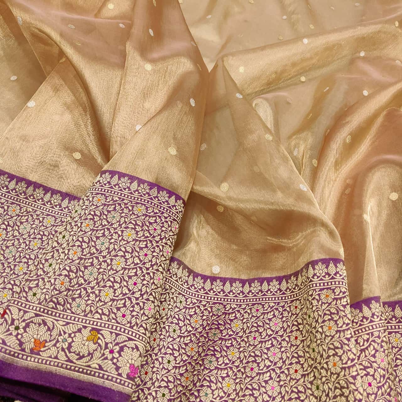 Mahiva Tissue silk saree handwoven saree Zari booties sari blouse SaffronFashion