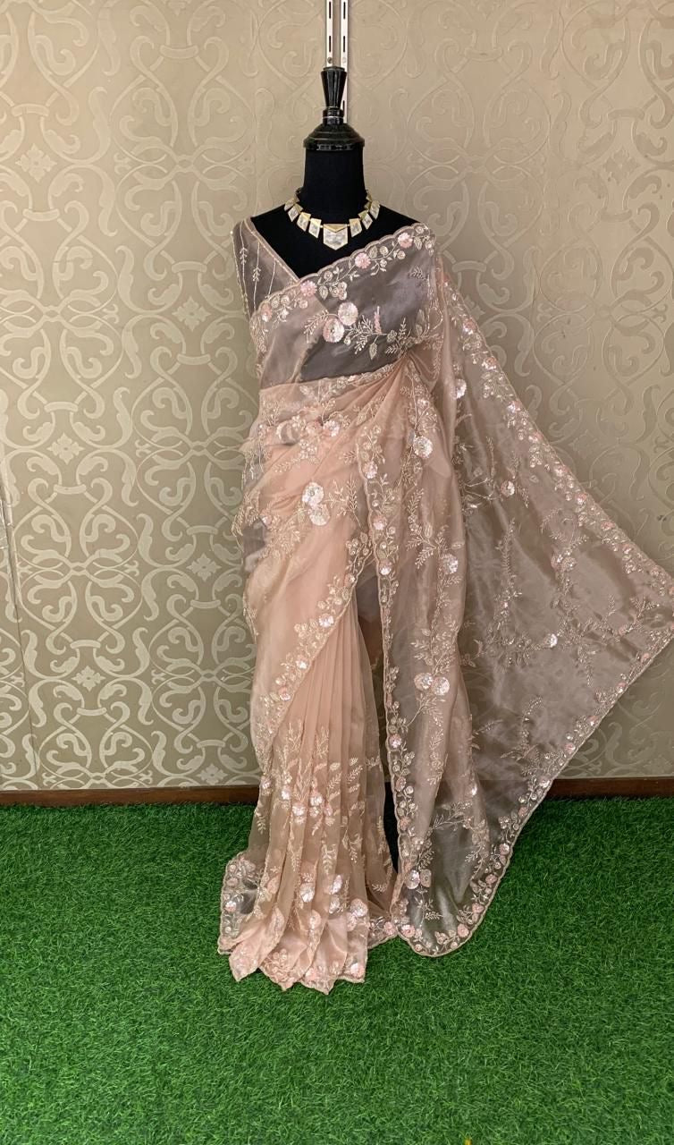 Reception saree party wear handwork sareee handmade sari blouse - Saffronfashionindia