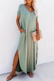 Grass Green Solid Color Hidden Pocket V Neck Slit Maxi Dress