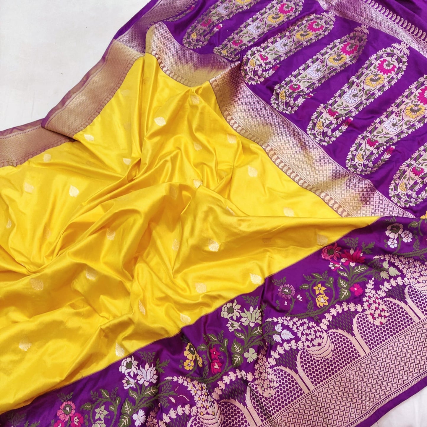 Yellow Meenakari handwoven Katan silk saree - Saffronfashionindia