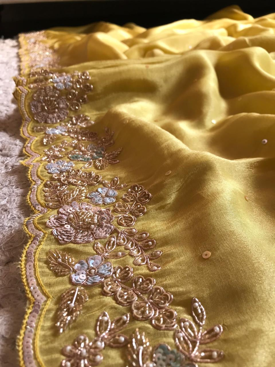 Yellow tissue organza saree luxury sarees - Saffronfashionindia