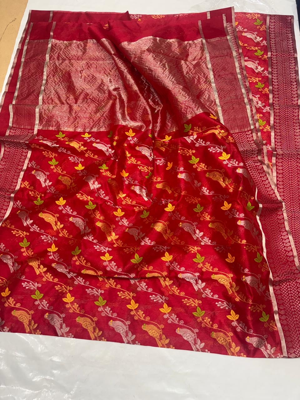 Red Chanderi silk saree Women sari blouse Indian sarees - Saffronfashionindia