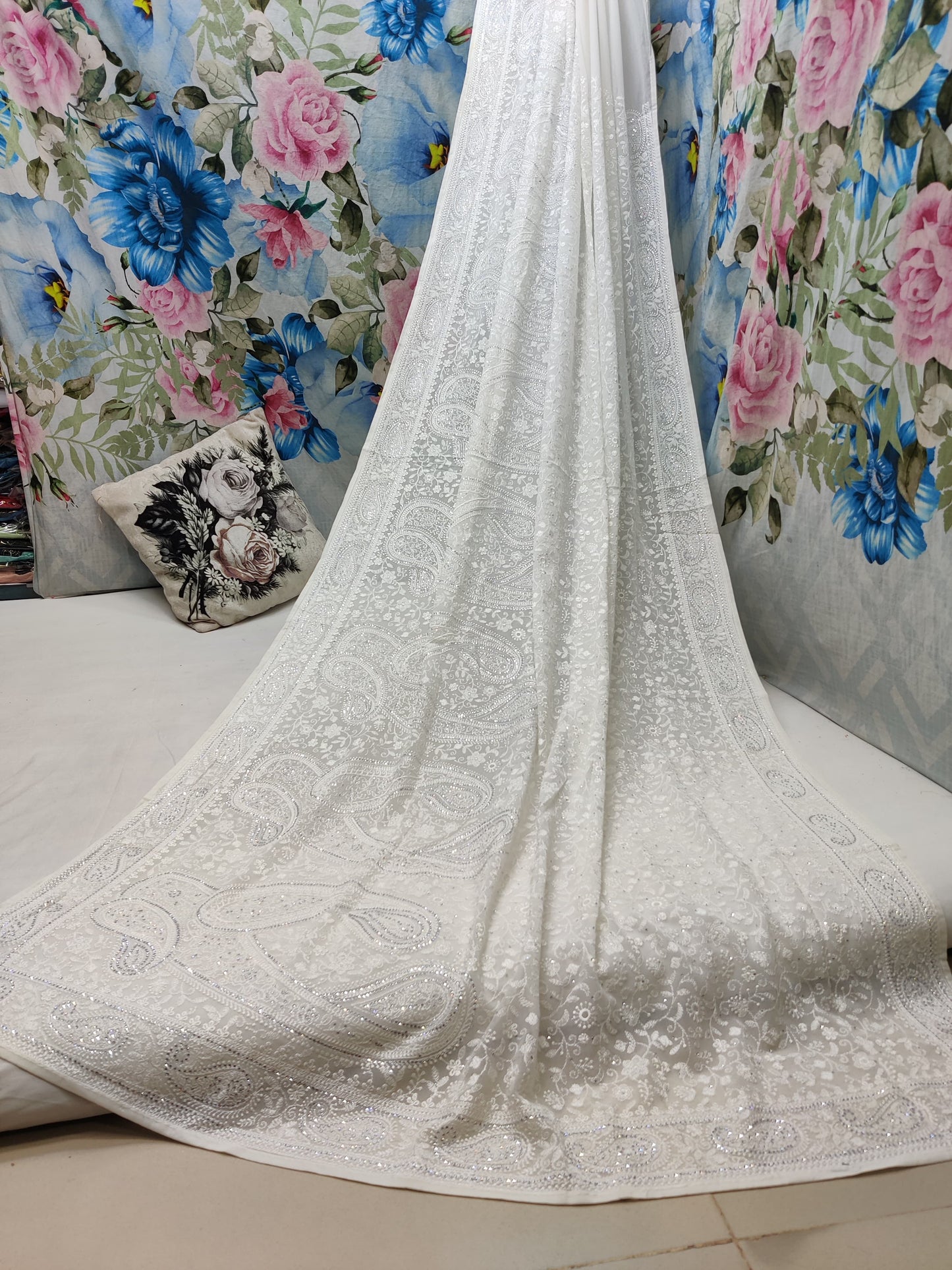 Paisley inspired Chikankari saree gorgette saree blouse - Saffronfashionindia