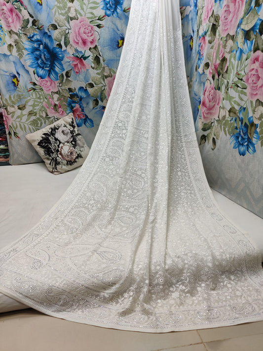 Paisley inspired Chikankari saree gorgette saree blouse - Saffronfashionindia