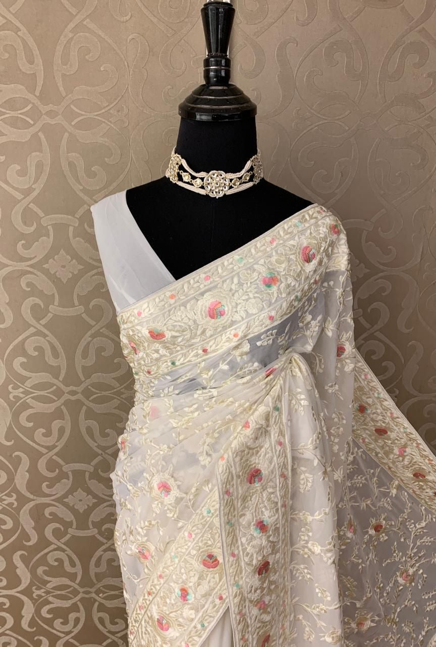 Vermilo Chikankari saree Gorgette saree traditional sari blouse SaffronFashion