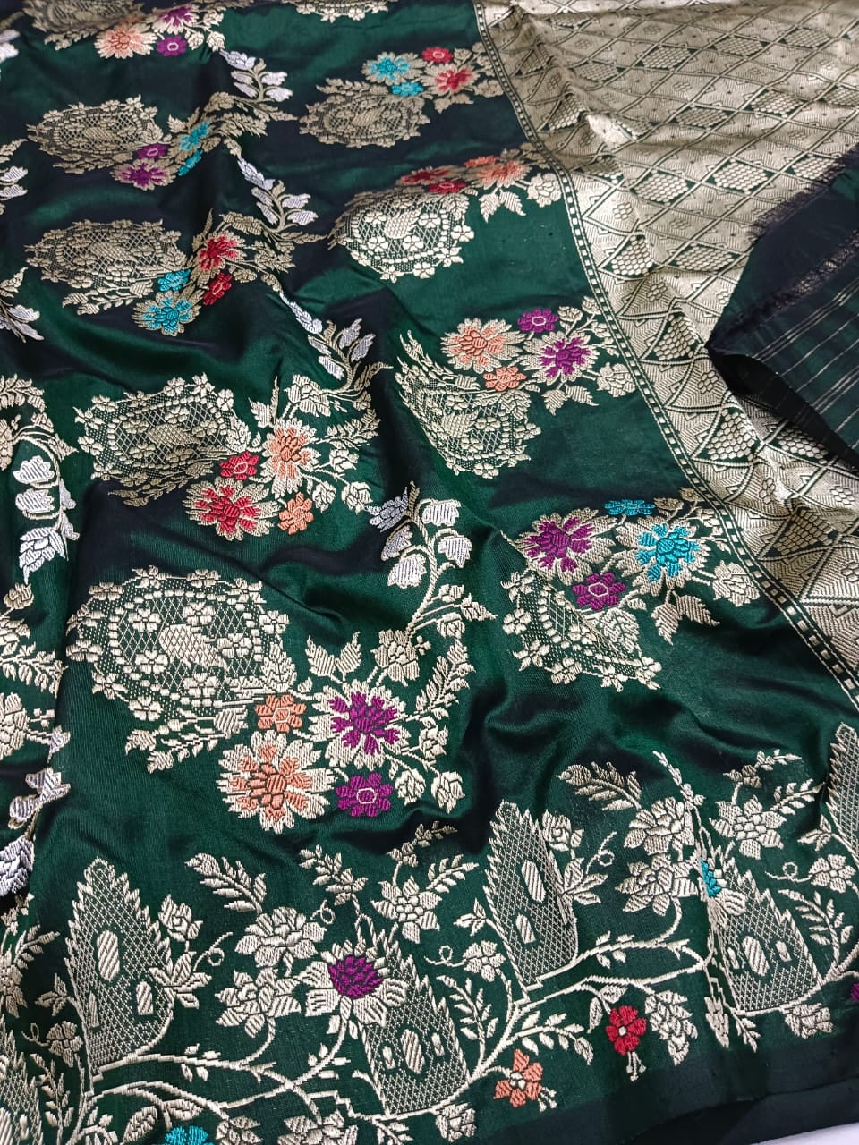 Meenakari green Katan silk saree - Saffronfashionindia