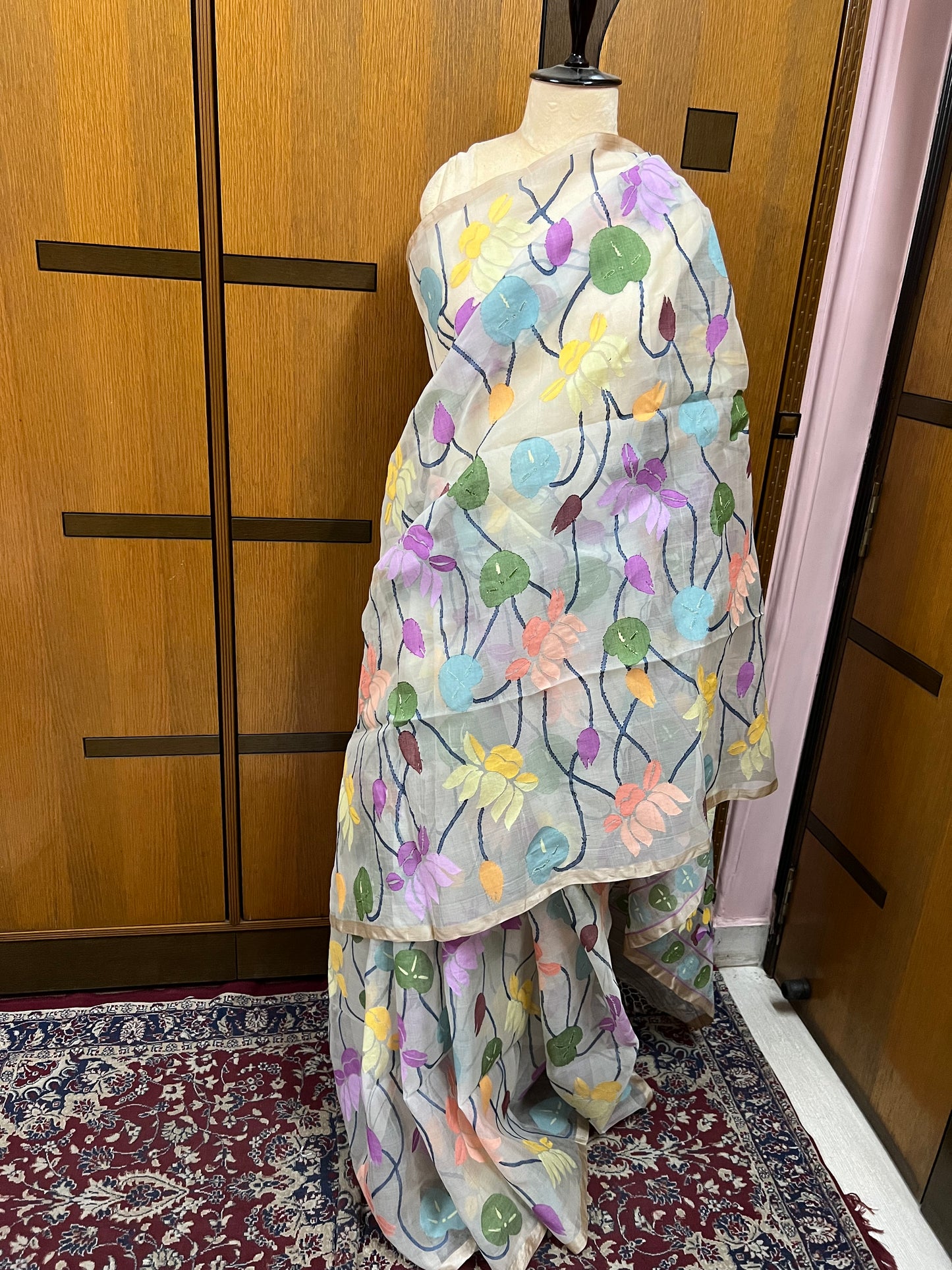 Floral Tantuj Jamdani Saree Bengal Traditional Indian Sari - Saffronfashionindia