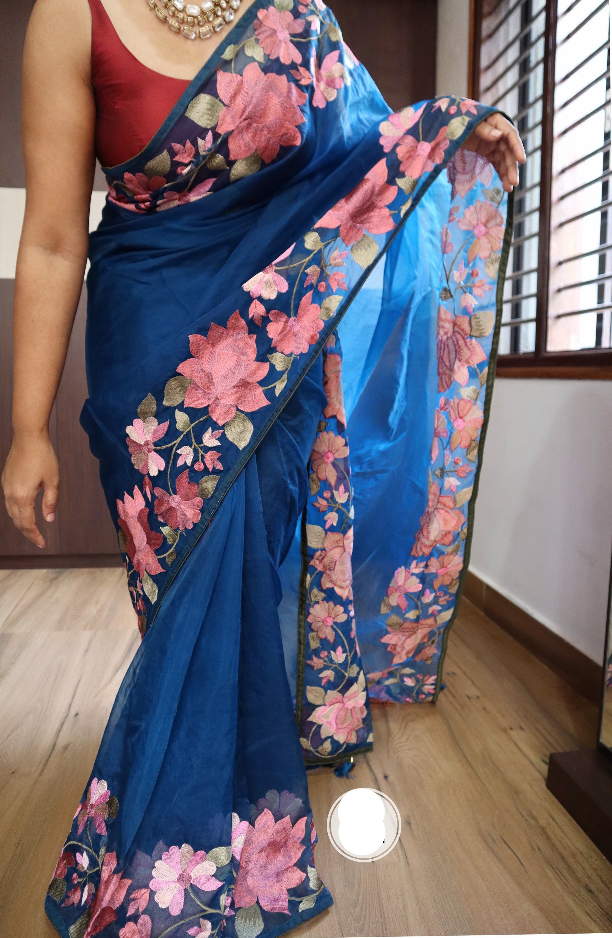 Parsi inspired floral bordered organza saree Indian Partywear sarees - Saffronfashionindia
