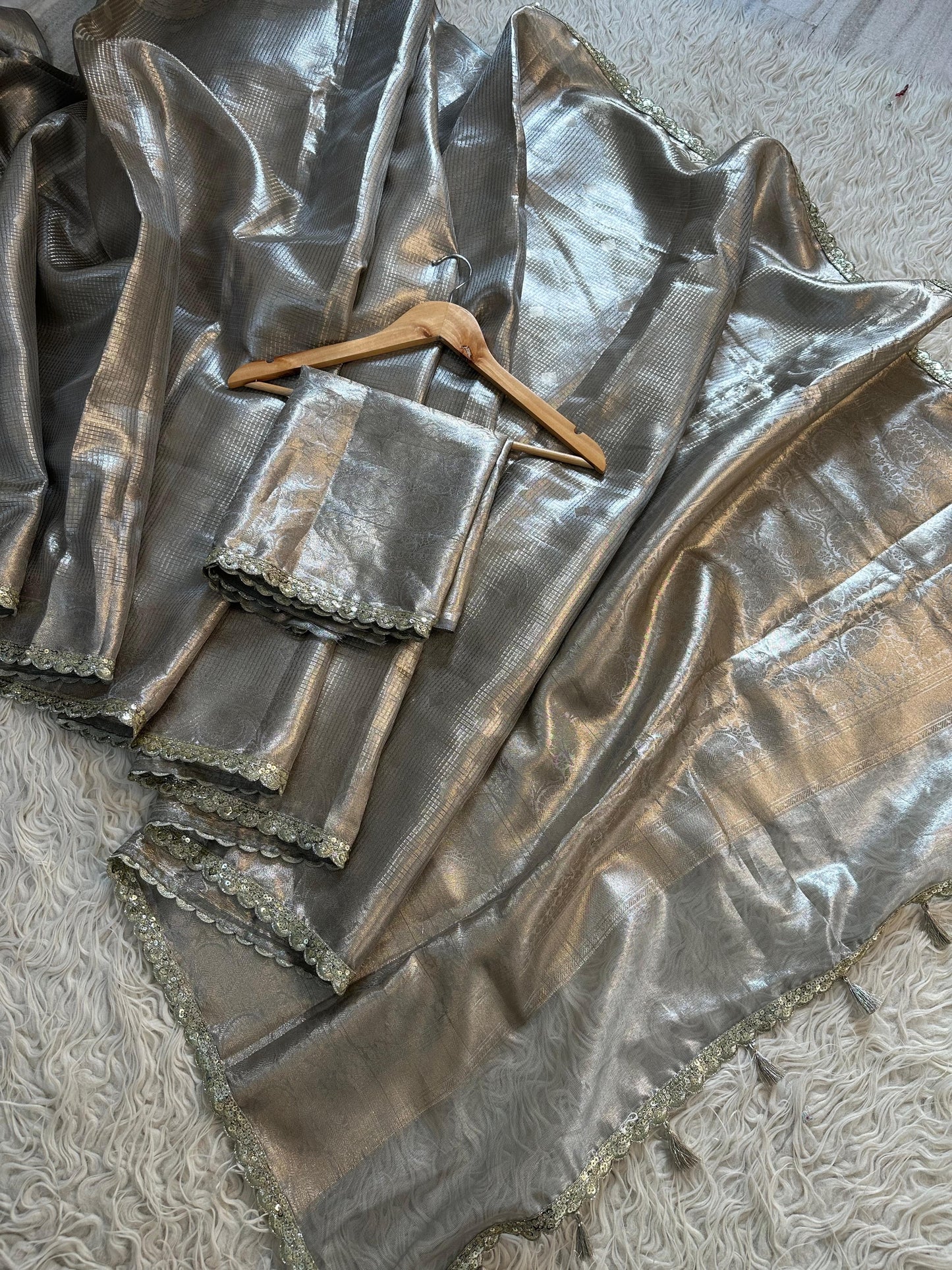 Almond Banarsi tissue silk saree Sexy sari - Saffronfashionindia