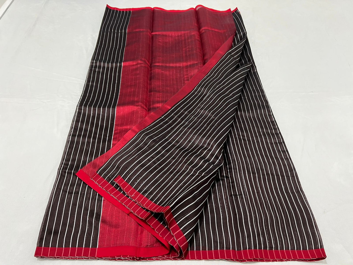 Striped Black red Chanderi saree beautiful sari - Saffronfashionindia