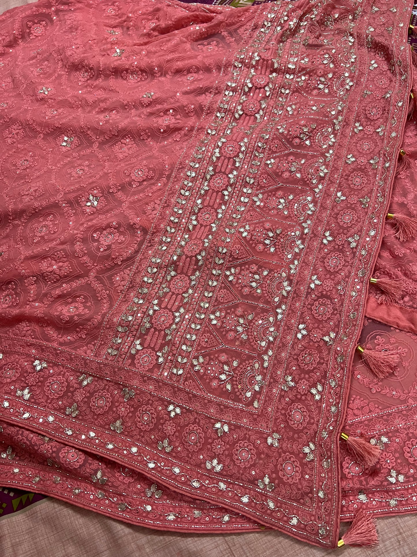 Peach Chikankari saree gorgette saree Indian saree women sari blouse - Saffronfashionindia