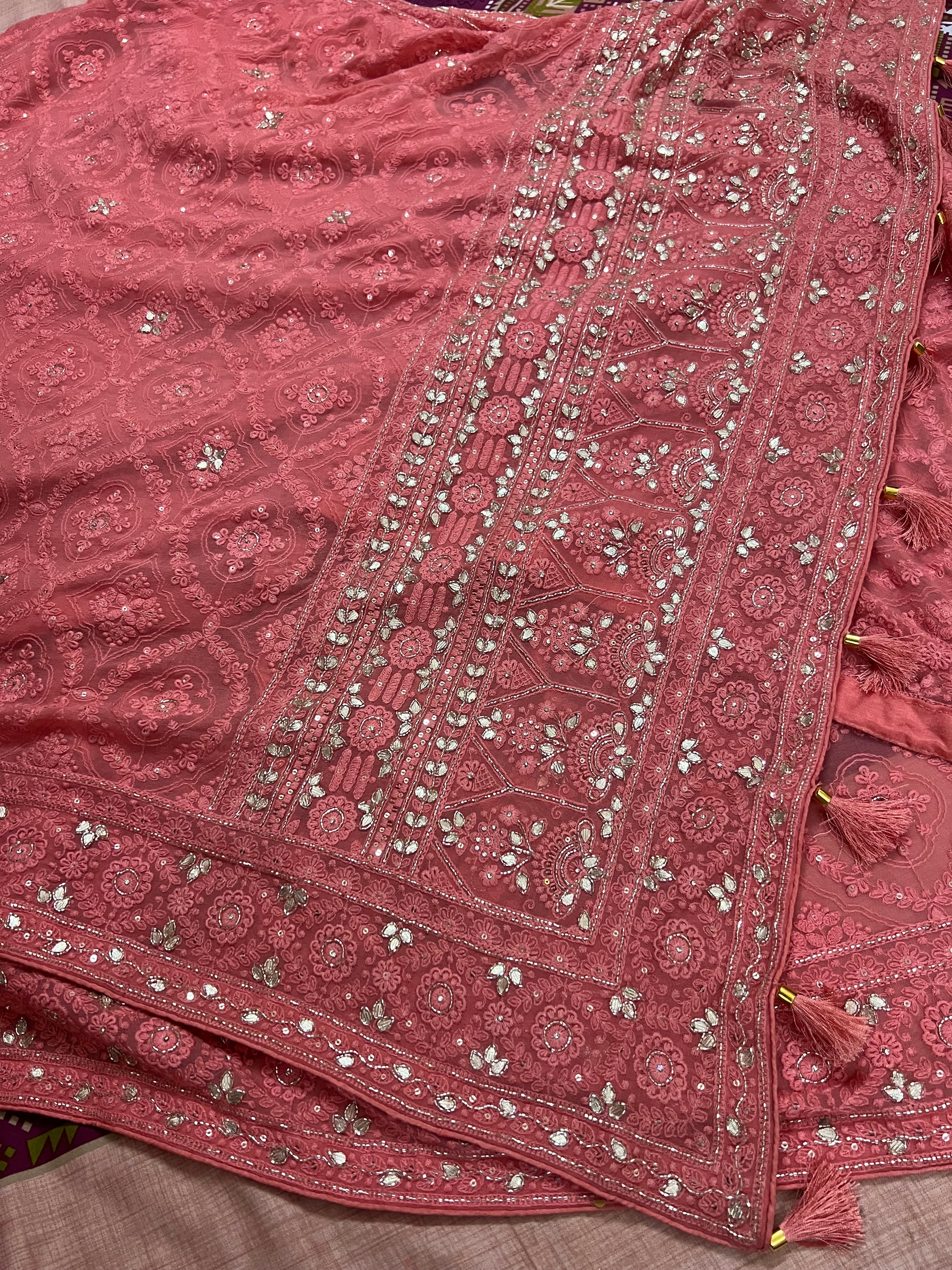 Peach Chikankari saree gorgette saree Indian saree women sari blouse - Saffronfashionindia