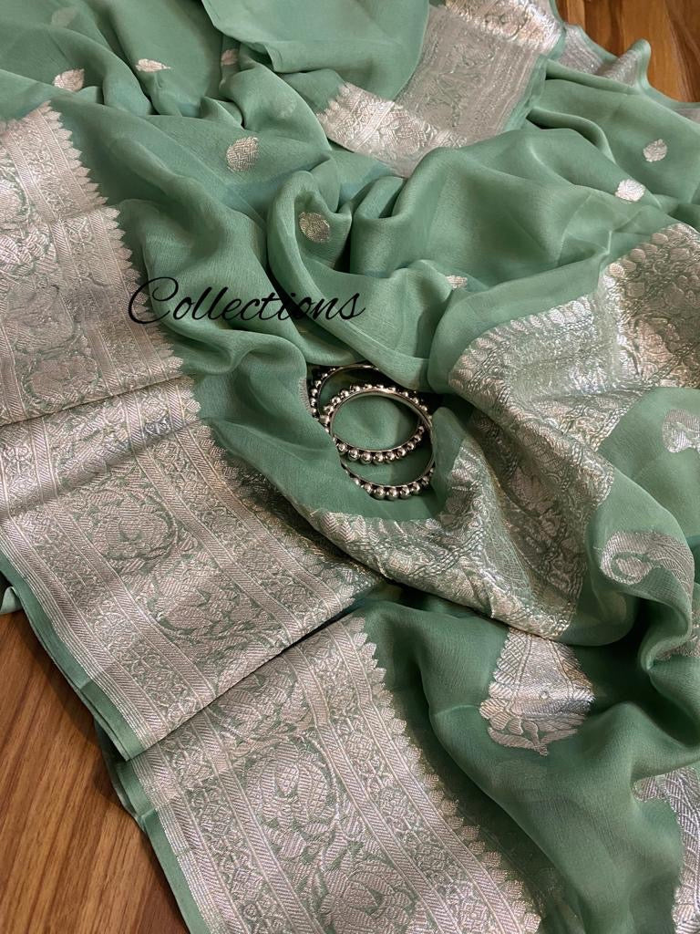 Sage green handwoven chiffon saree - Saffronfashionindia