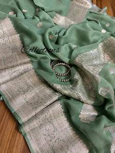 Sage green handwoven chiffon saree