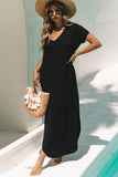 Grass Green Solid Color Hidden Pocket V Neck Slit Maxi Dress