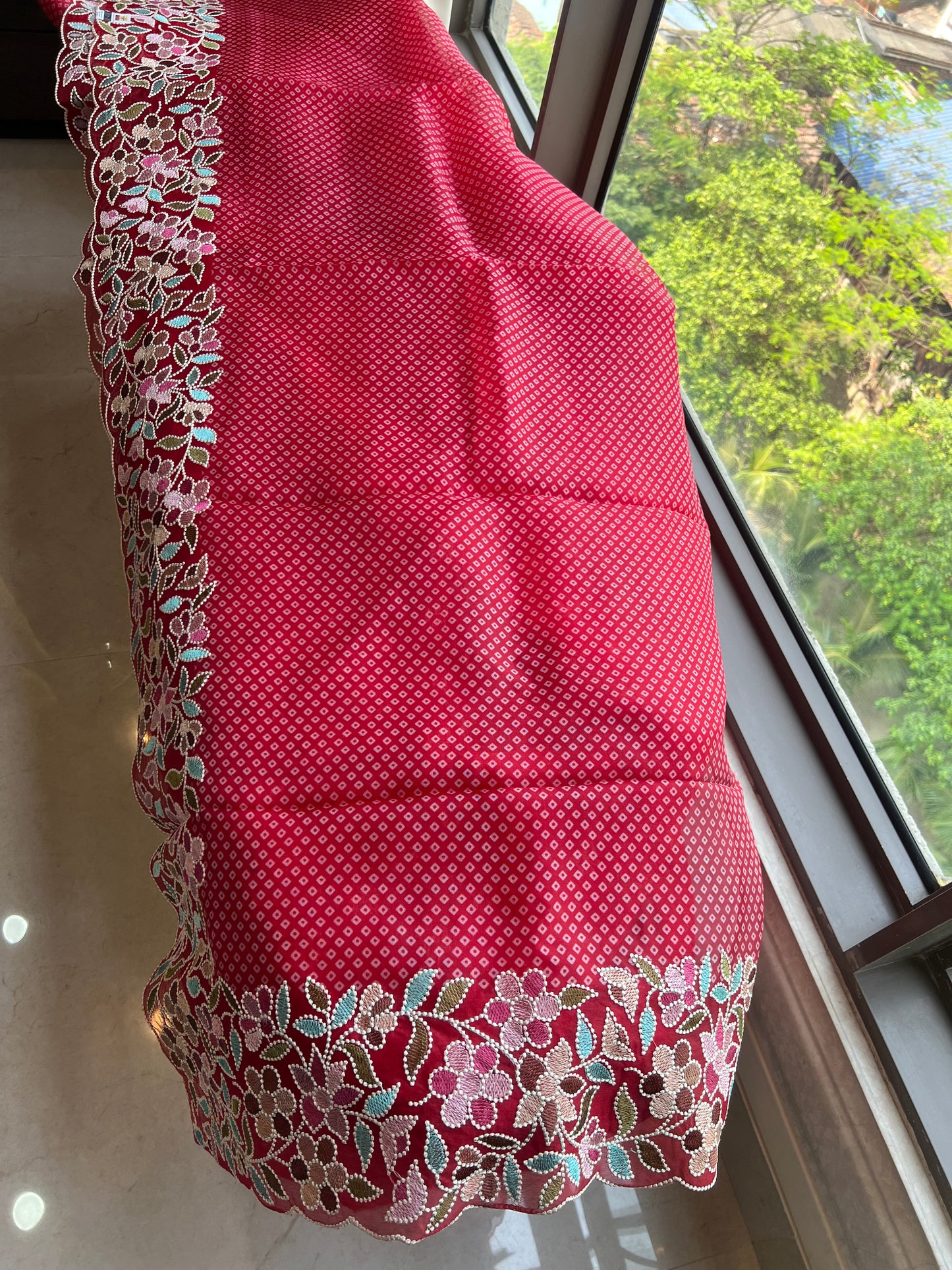 Red Organza Saree Thread Embroidery Work Sarees - Saffronfashionindia