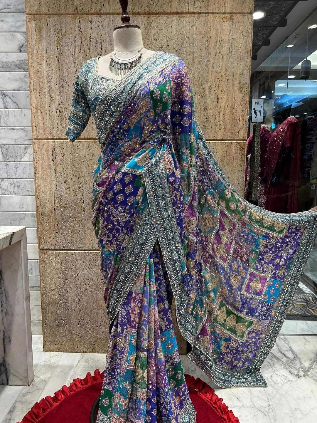 Blue wedding saree handmade sarees women sari blouse SaffronFashion