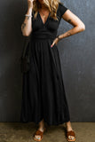 Black Deep V Neck Ruched High Waist Maxi Dress