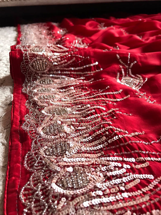 Red Luxury Premium Organza Silk Saree Partywear Sari - Saffronfashionindia